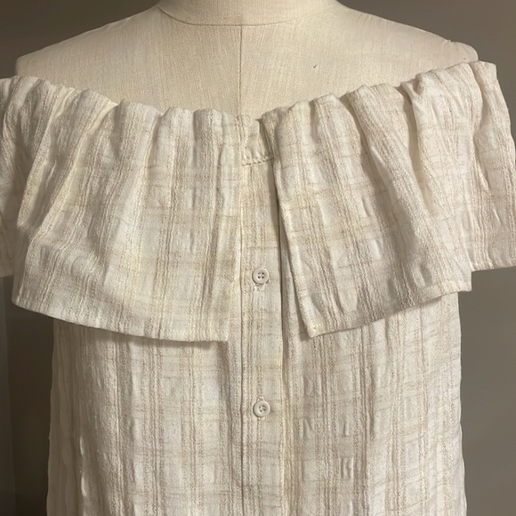 MAVEN WEST off the shoulder casual cream plaid dress / ruffle / button front Med - Picture 5 of 16